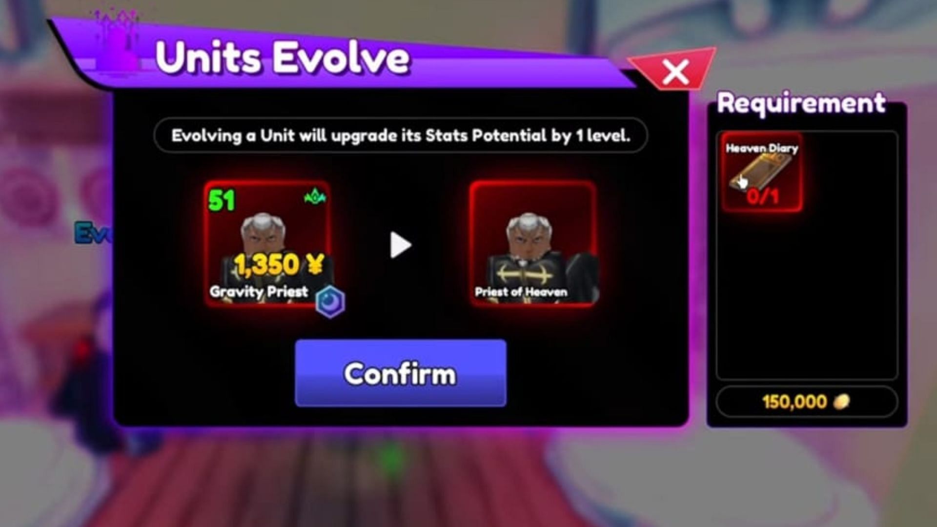 Gravity Priest evolves to Priest of Heaven (Image via Roblox)